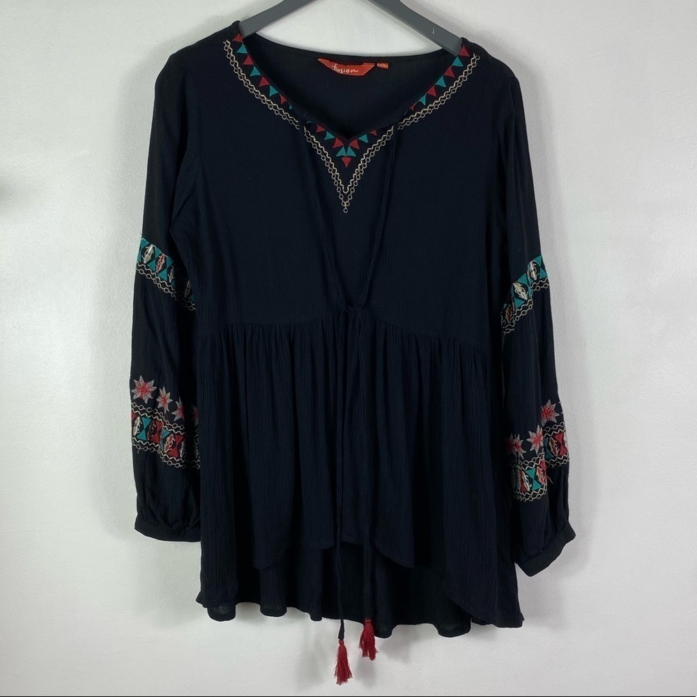 Fusion Black Boho Floral Long Sleeves Gauze Top